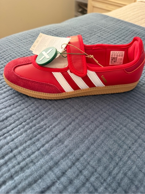 adidas Shoes - adidas Red Samba Velcro Sneakers with White Stripes